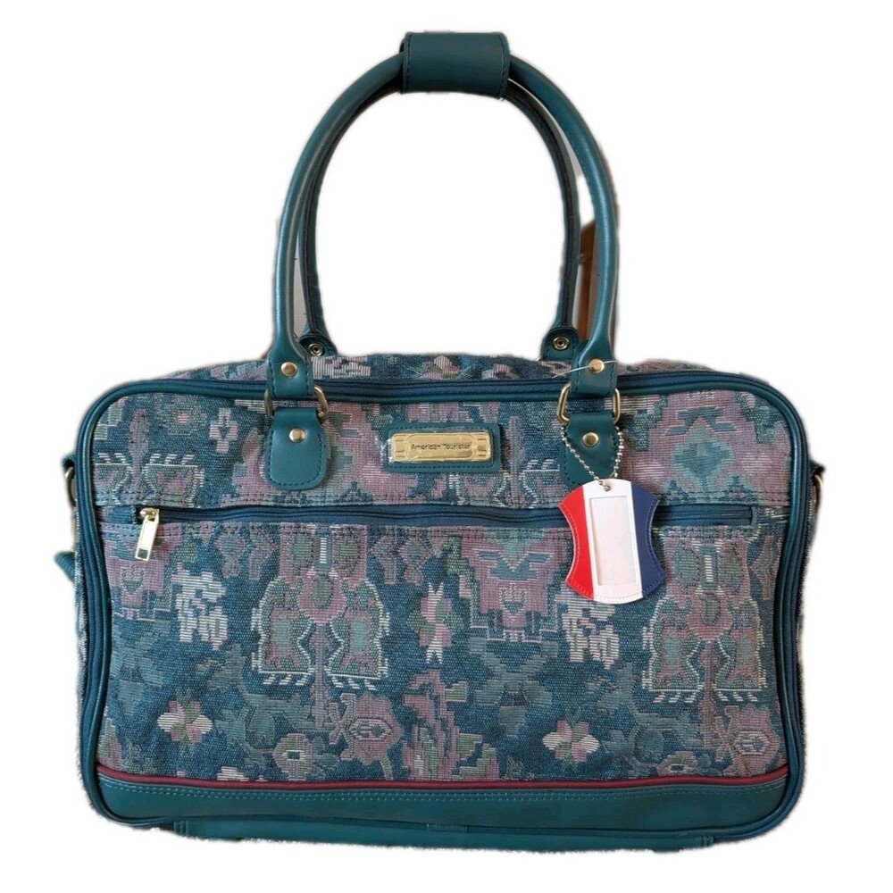 VTG American Tourister Green Tapestry Travel Bag Overnight Suitcase 18" x13" NOS
